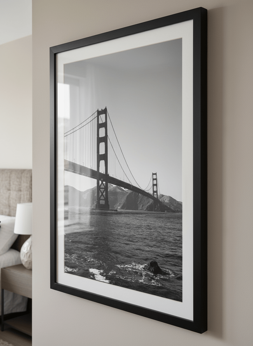 Minimalist artwork displayed in a calm, light-filled bedroom interior