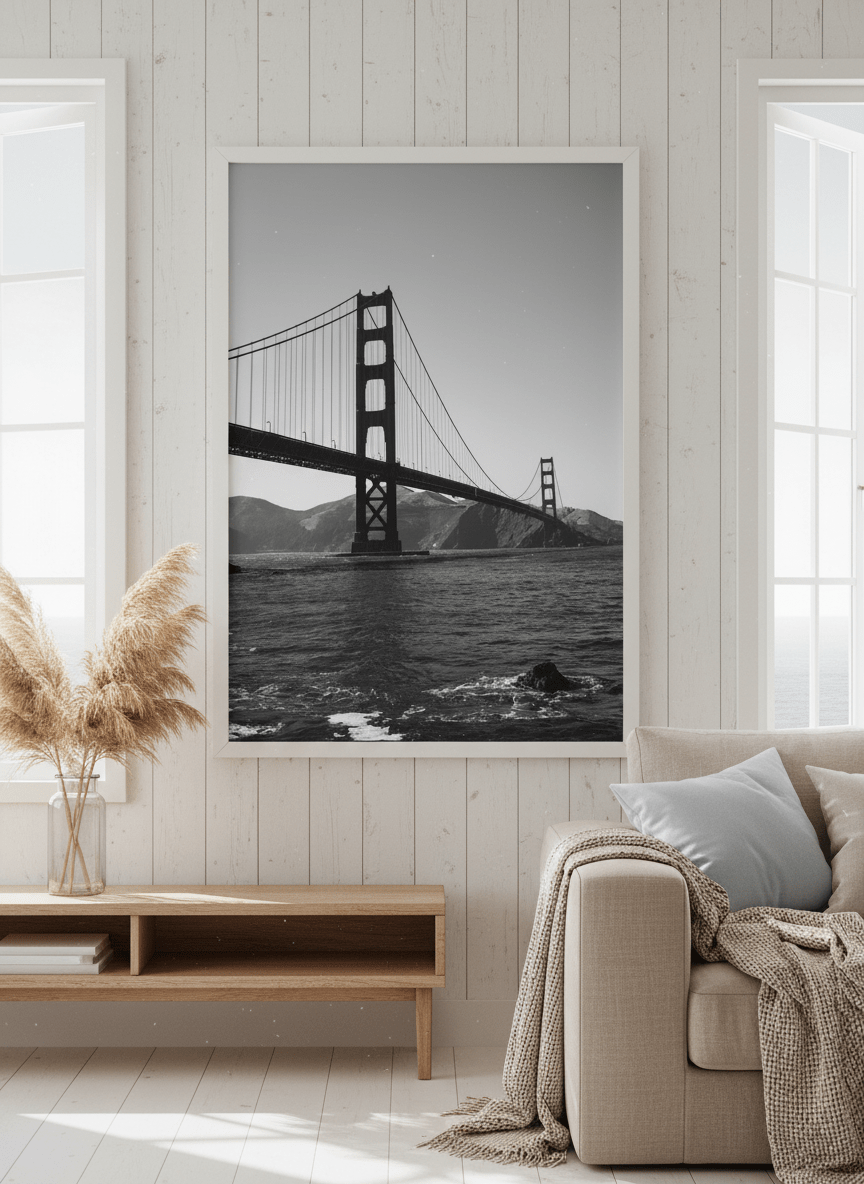Neutral wall art displayed in a sunny coastal beach house