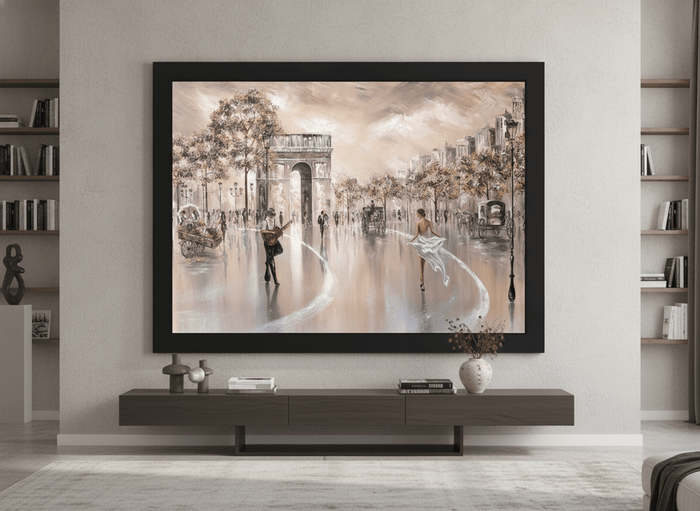 Monumental artwork centred on a feature wall in a luxe interior