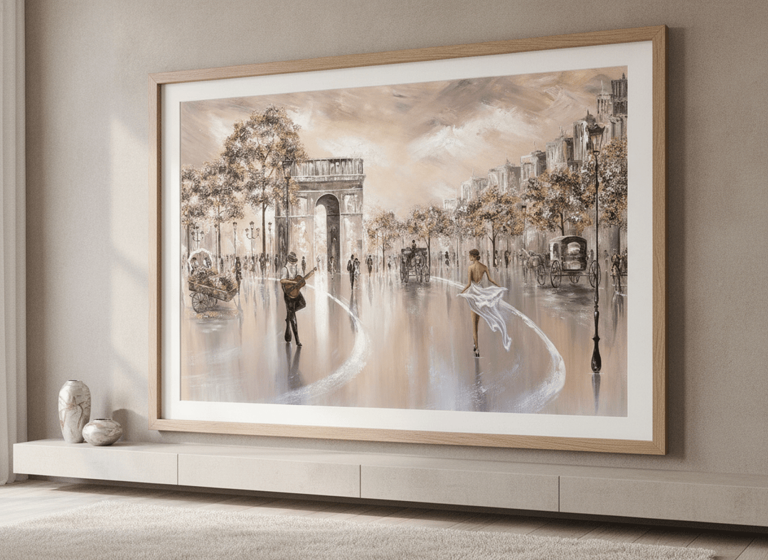 Modern wall art styled above a sofa in a neutral living room