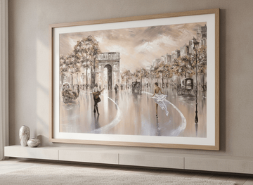 Modern wall art styled above a sofa in a neutral living room