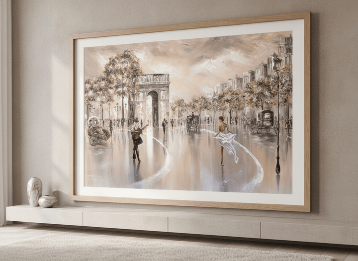 Modern wall art styled above a sofa in a neutral living room