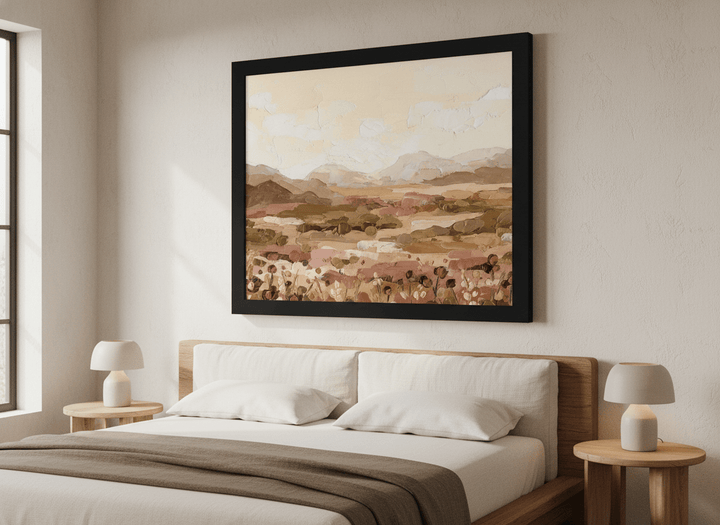 Minimalist artwork displayed in a calm, light-filled bedroom interior