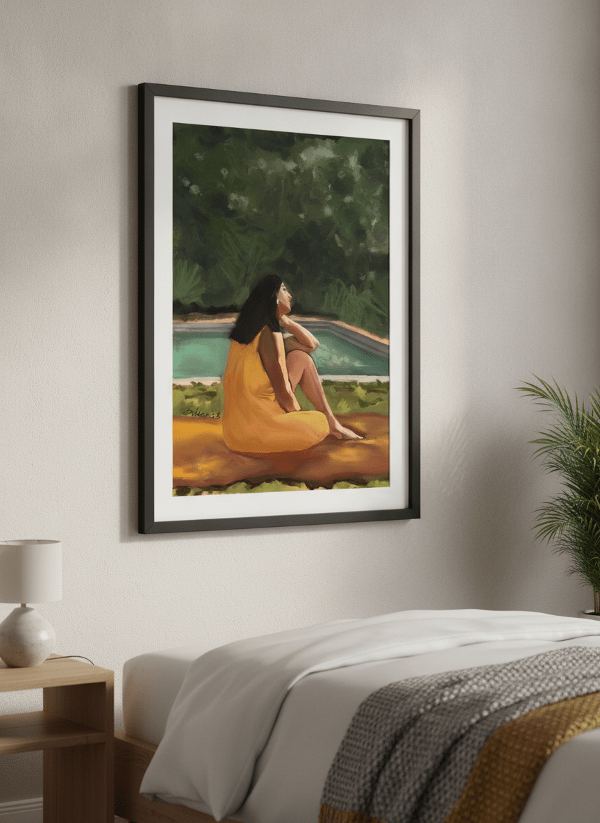Minimalist artwork displayed in a calm, light-filled bedroom interior