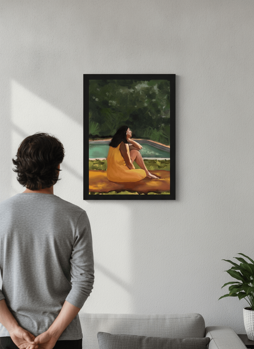 Person showcasing the artwork against a clean modern interior wall