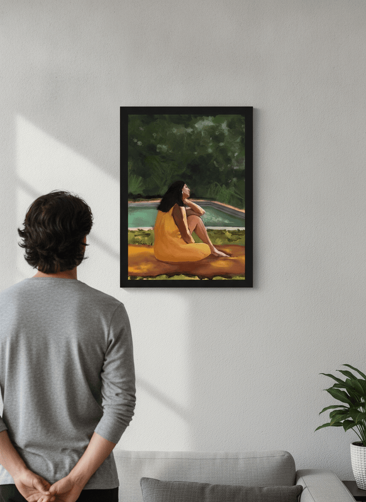 Person showcasing the artwork against a clean modern interior wall