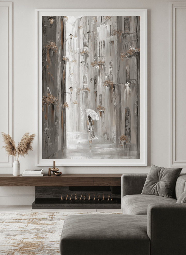 Monumental artwork centred on a feature wall in a luxe interior