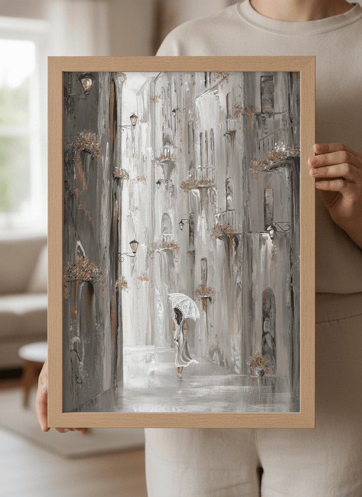 Person showcasing the artwork against a clean modern interior wall
