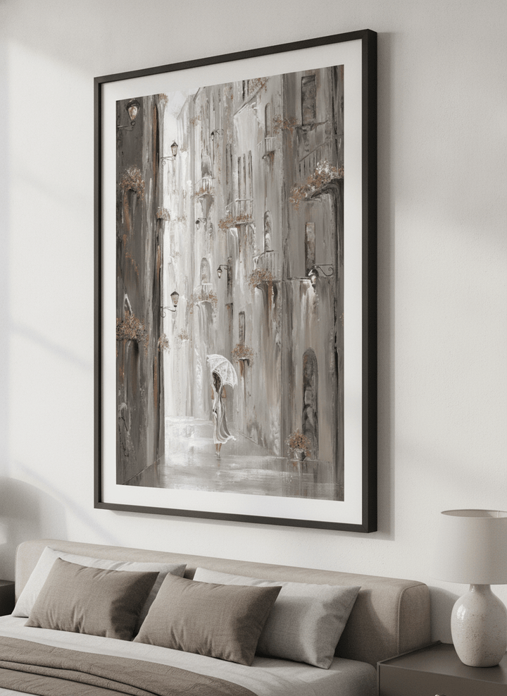 Minimalist artwork displayed in a calm, light-filled bedroom interior