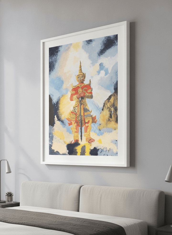 Minimalist artwork displayed in a calm, light-filled bedroom interior