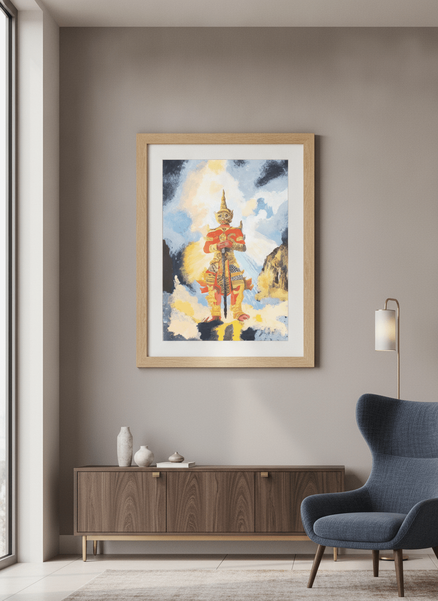 Modern wall art styled above a sofa in a neutral living room