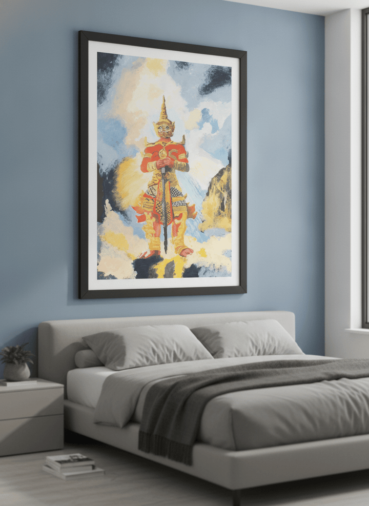 Minimalist artwork displayed in a calm, light-filled bedroom interior