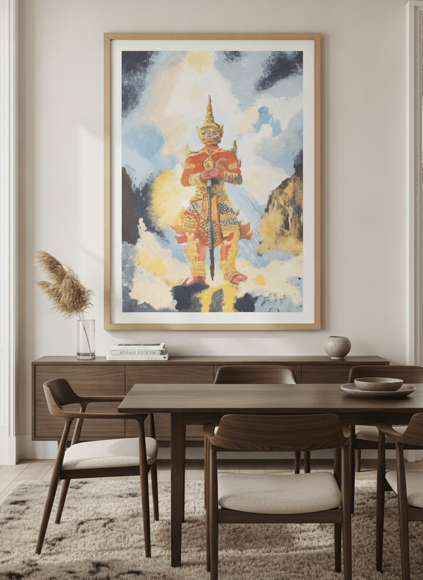 Monumental artwork centred on a feature wall in a luxe interior