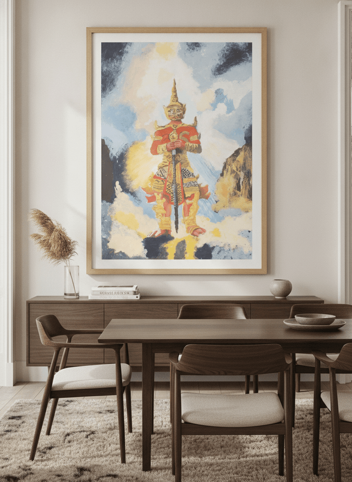 Monumental artwork centred on a feature wall in a luxe interior