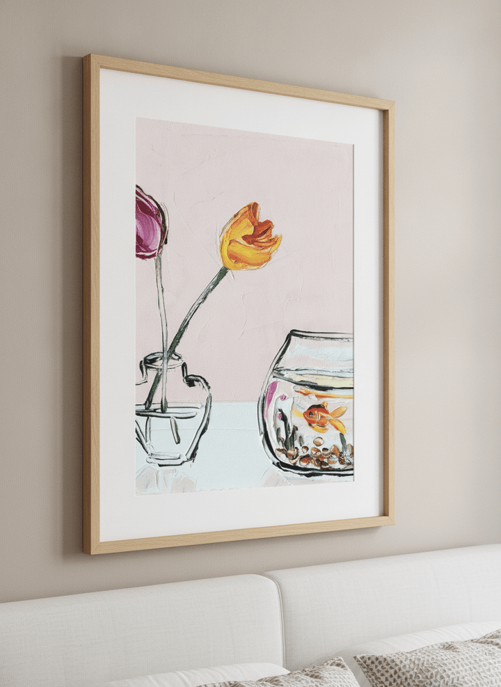 Minimalist artwork displayed in a calm, light-filled bedroom interior