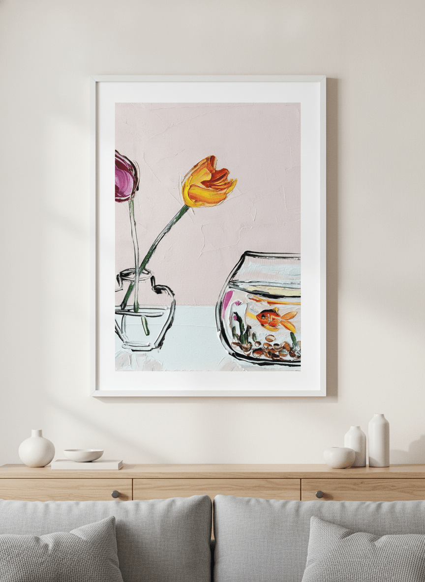 Modern wall art styled above a sofa in a neutral living room
