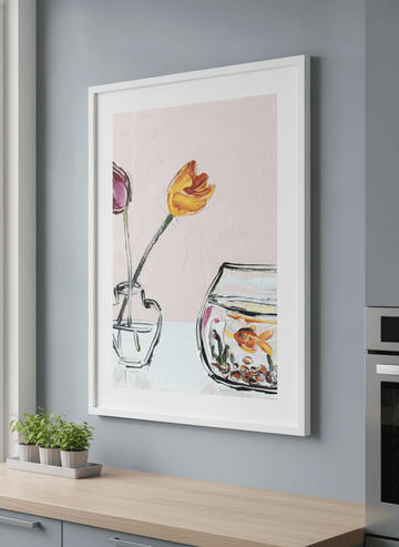 Artwork styled on the wall of a bright modern kitchen
