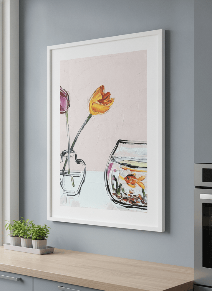 Artwork styled on the wall of a bright modern kitchen