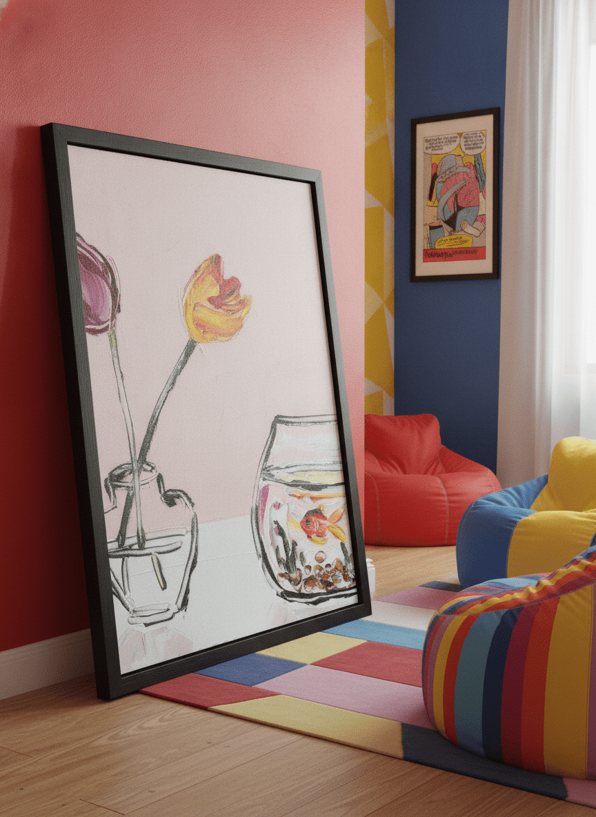 Bold wall art styled in a colourful, eclectic modern home