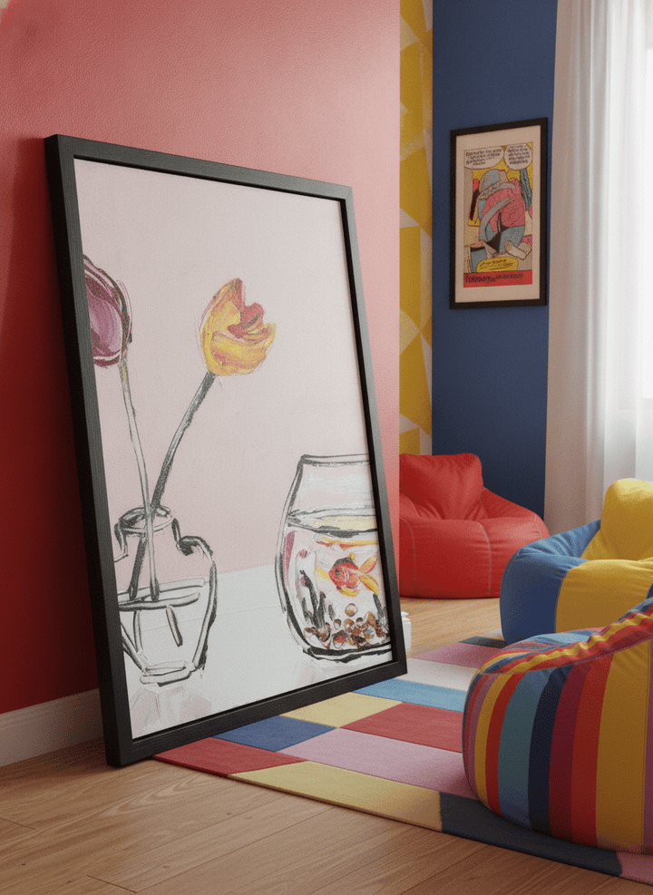 Bold wall art styled in a colourful, eclectic modern home