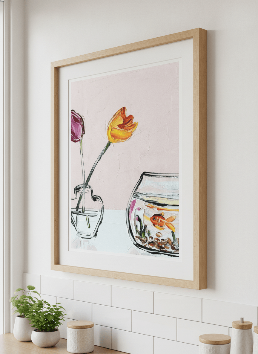 Artwork styled on the wall of a bright modern kitchen