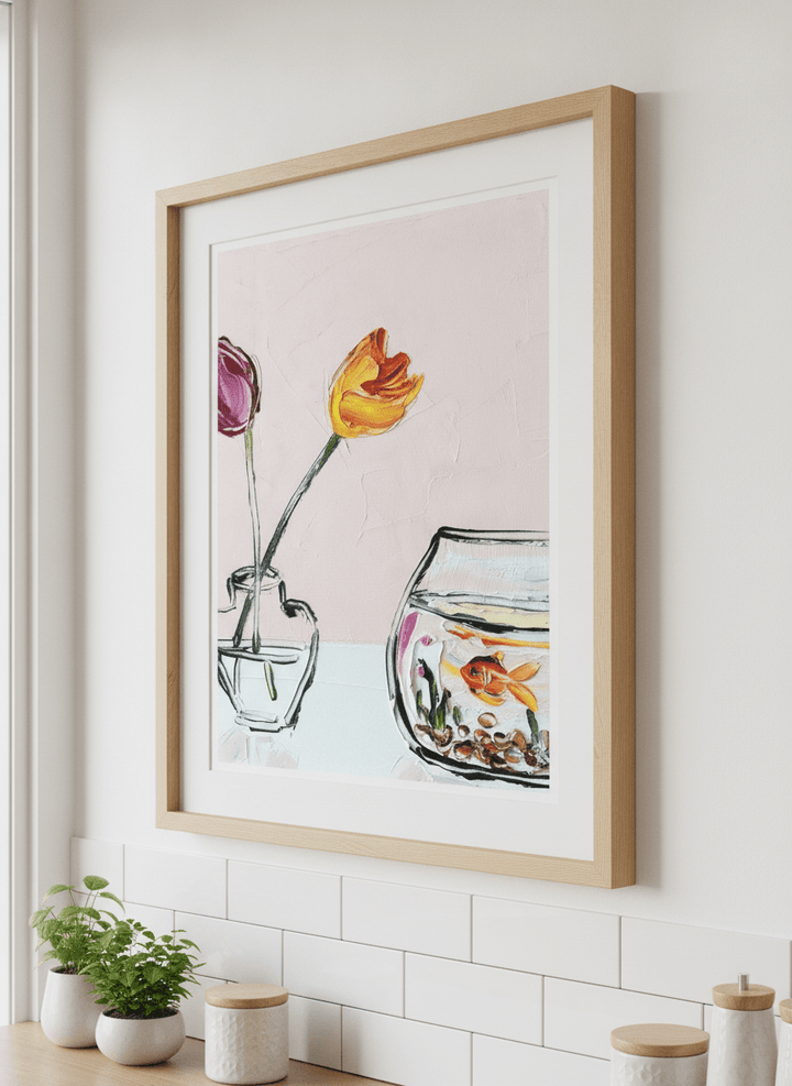 Artwork styled on the wall of a bright modern kitchen