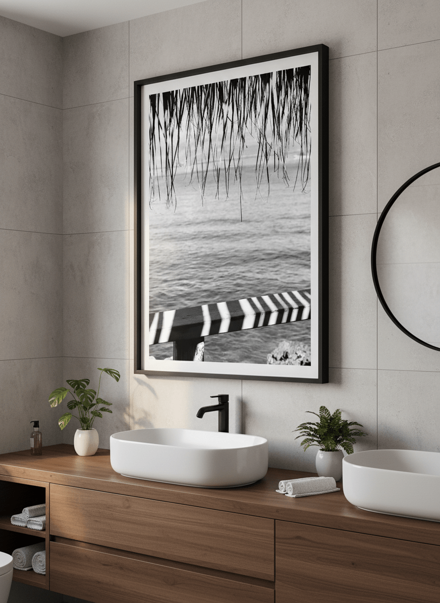 Modern print displayed in a clean minimalist bathroom setting
