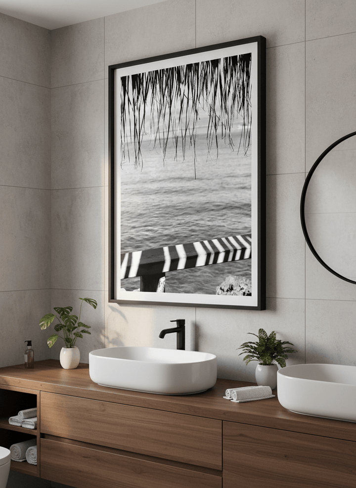 Modern print displayed in a clean minimalist bathroom setting