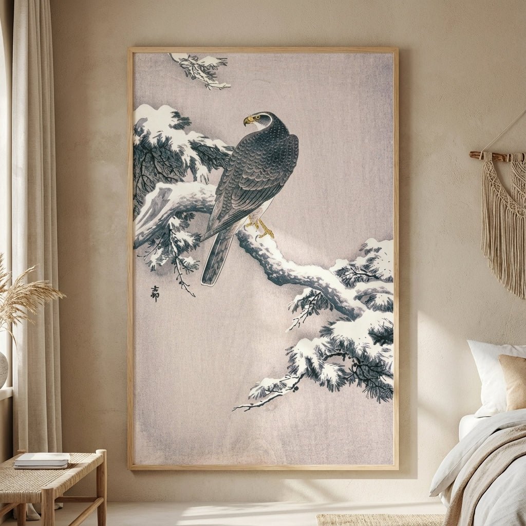 Goshawk on Snow - covered Pine Bough by Ohara Koson wall - art - picture - poster