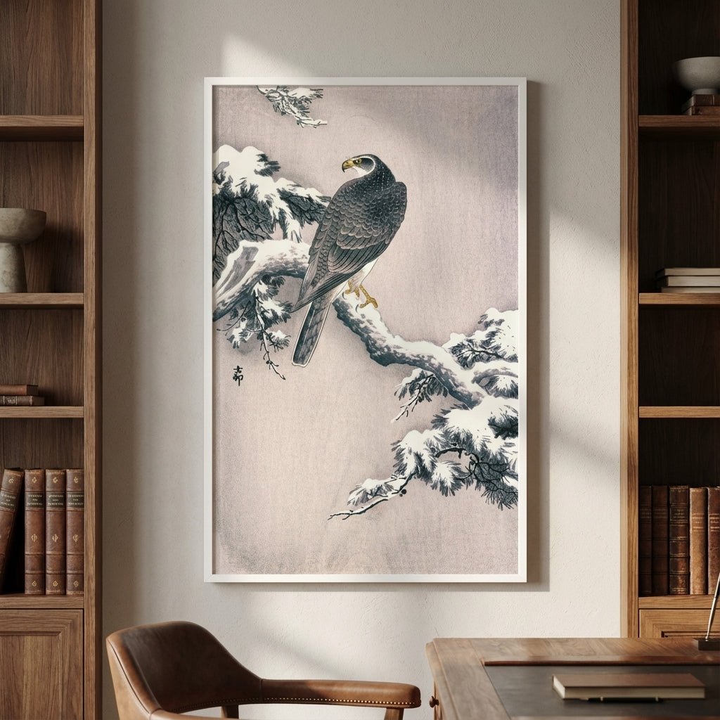 Goshawk on Snow - covered Pine Bough by Ohara Koson wall - art - picture - poster
