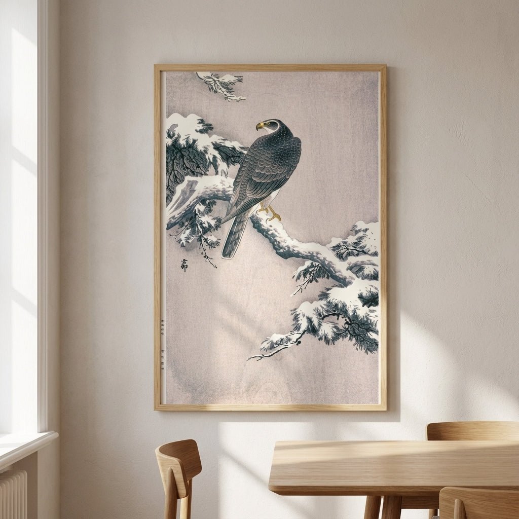 Goshawk on Snow - covered Pine Bough by Ohara Koson wall - art - picture - poster
