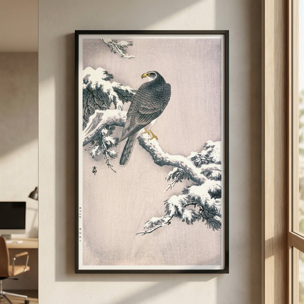 Goshawk on Snow - covered Pine Bough by Ohara Koson wall - art - picture - poster