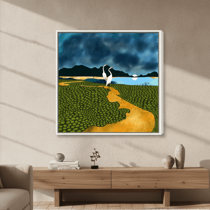 Oversized statement canvas wall art with a white surround styled in a luxe interior