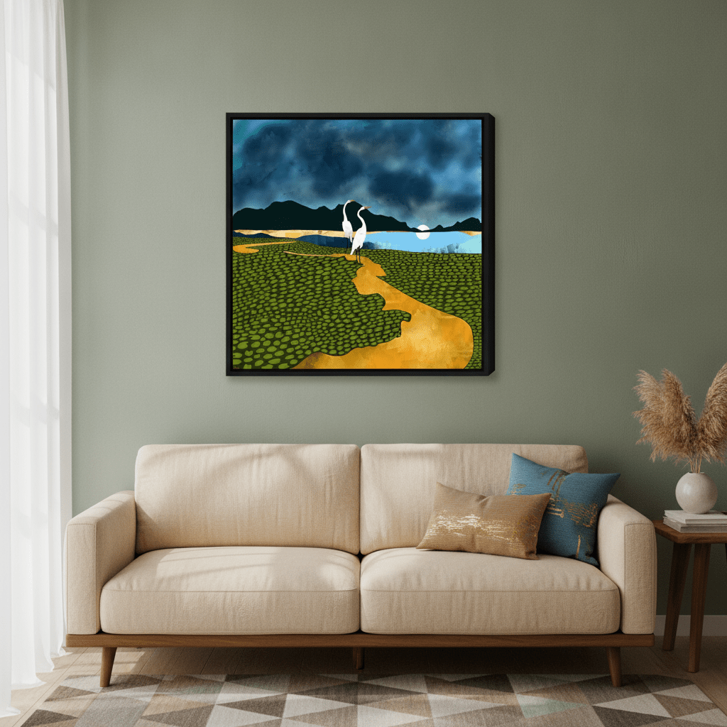Canvas wall art with a black surround styled in a calm, light-filled bedroom