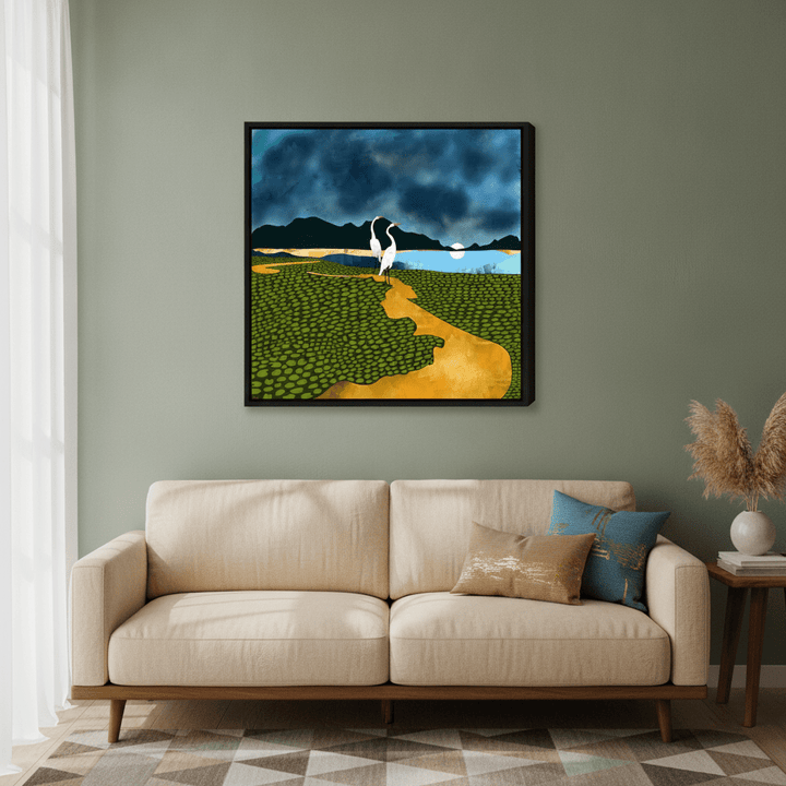 Canvas wall art with a black surround styled in a calm, light-filled bedroom