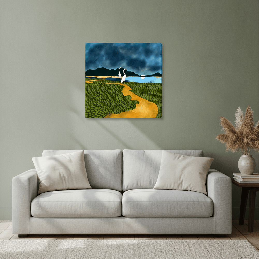 Stretched canvas wall art styled in a neutral living room