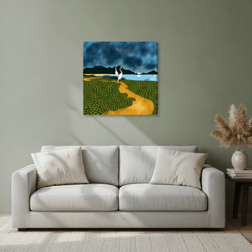 Stretched canvas wall art styled in a neutral living room
