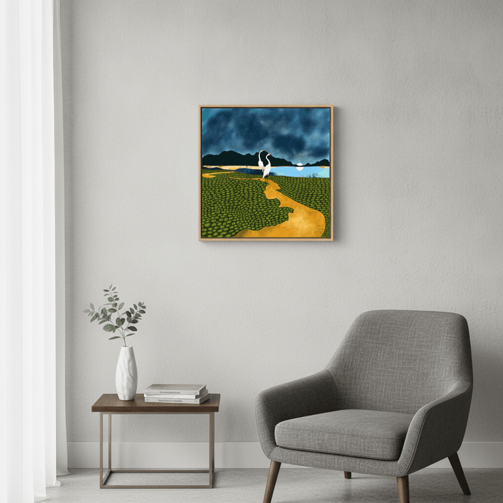 Canvas wall art with a natural timber surround styled in a bright modern office