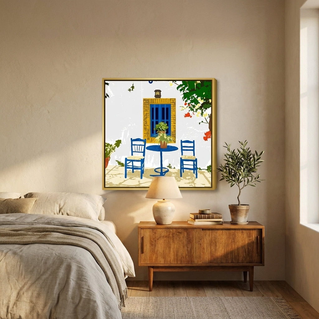Canvas wall art with a gold leaf surround styled in a calm, light-filled bedroom