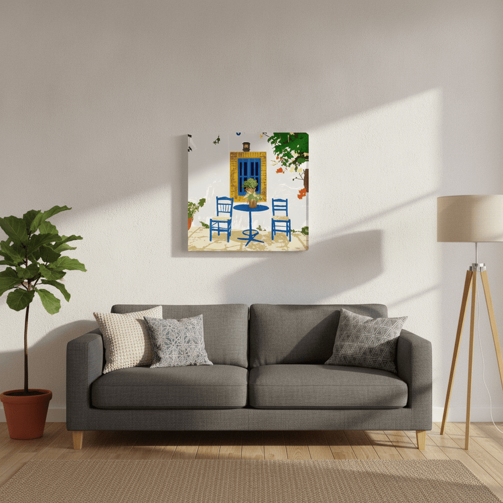 Stretched canvas wall art styled in a neutral living room