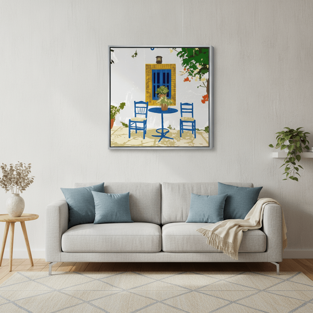 Canvas wall art with a silver leaf surround styled in a neutral living room