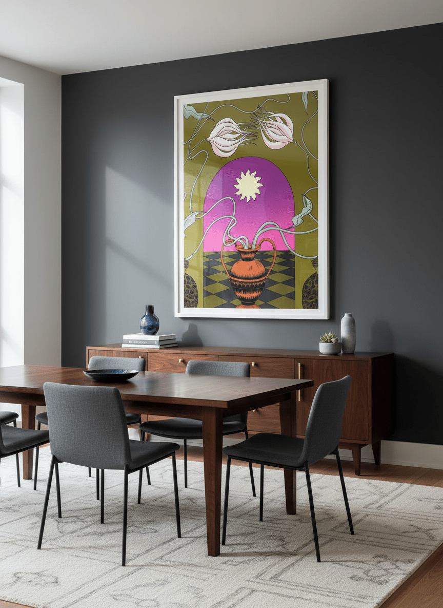 Monumental artwork centred on a feature wall in a luxe interior