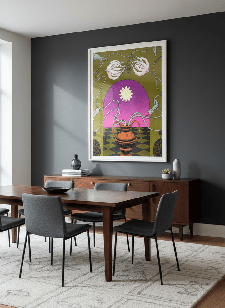 Monumental artwork centred on a feature wall in a luxe interior