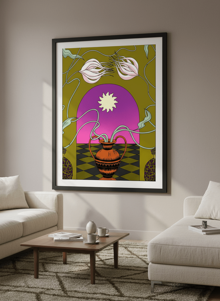 Modern wall art styled above a sofa in a neutral living room