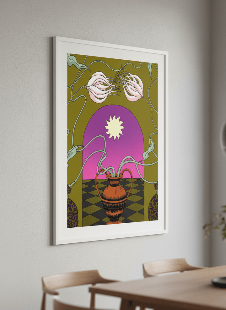 Wall art styled above a dining table in a contemporary home