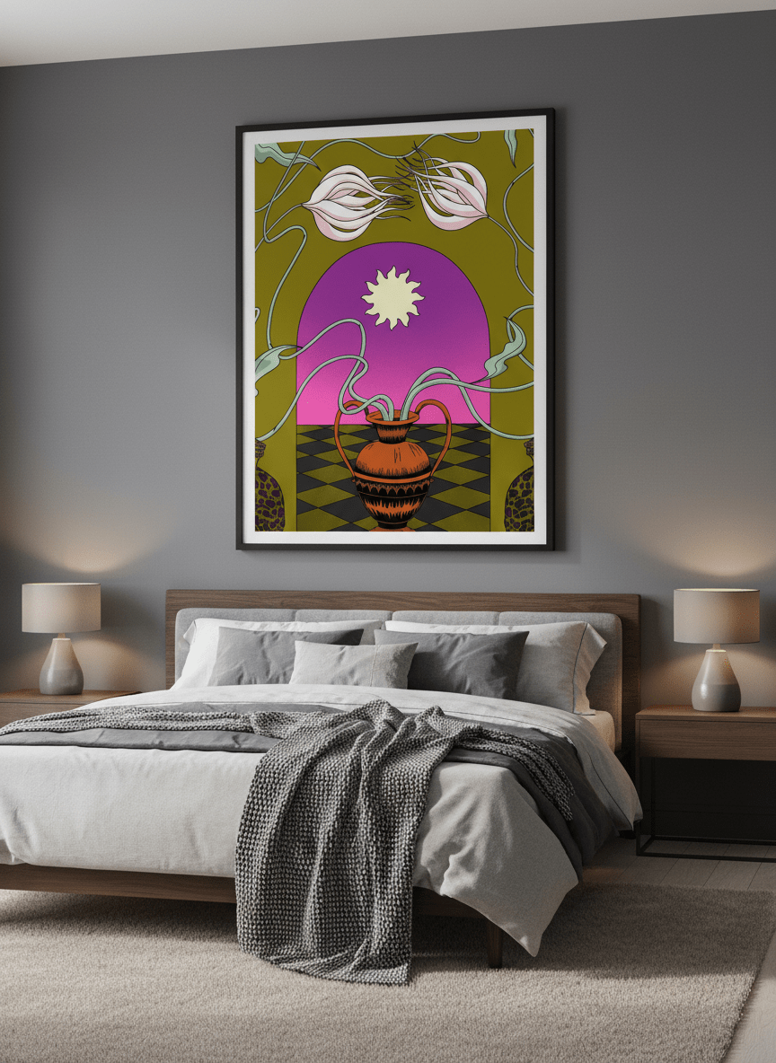 Minimalist artwork displayed in a calm, light-filled bedroom interior