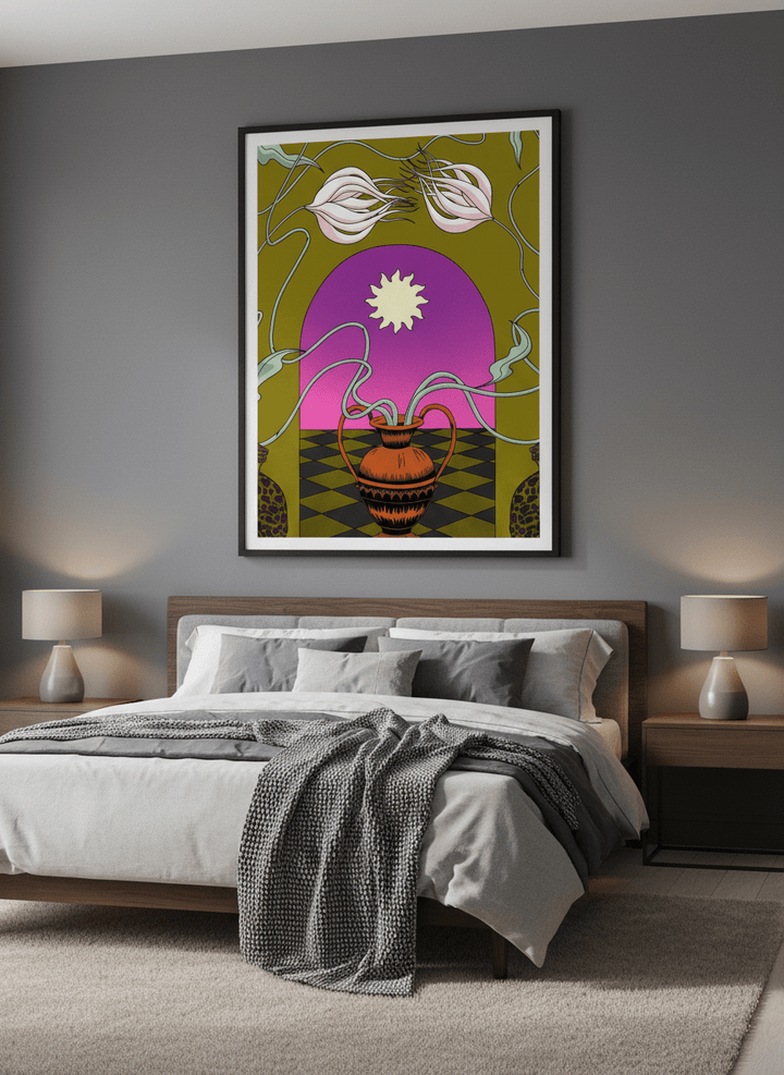 Minimalist artwork displayed in a calm, light-filled bedroom interior