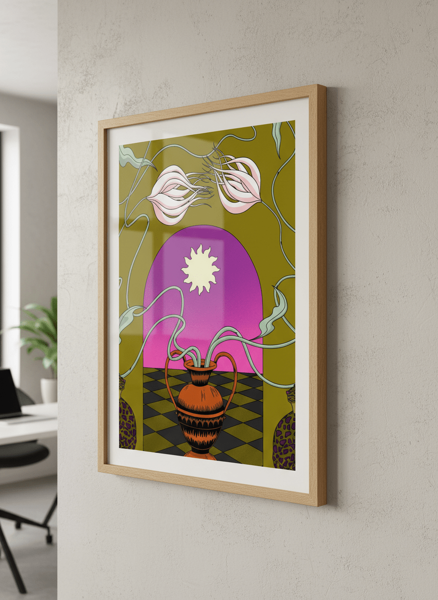 Contemporary wall art featured in a bright modern office workspace