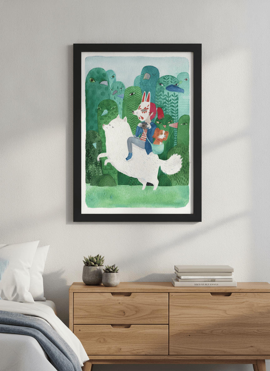Minimalist artwork displayed in a calm, light-filled bedroom interior