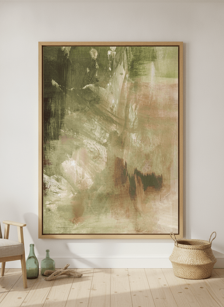 Oversized statement modern wall art print leaning against the wall in a coastal dining room